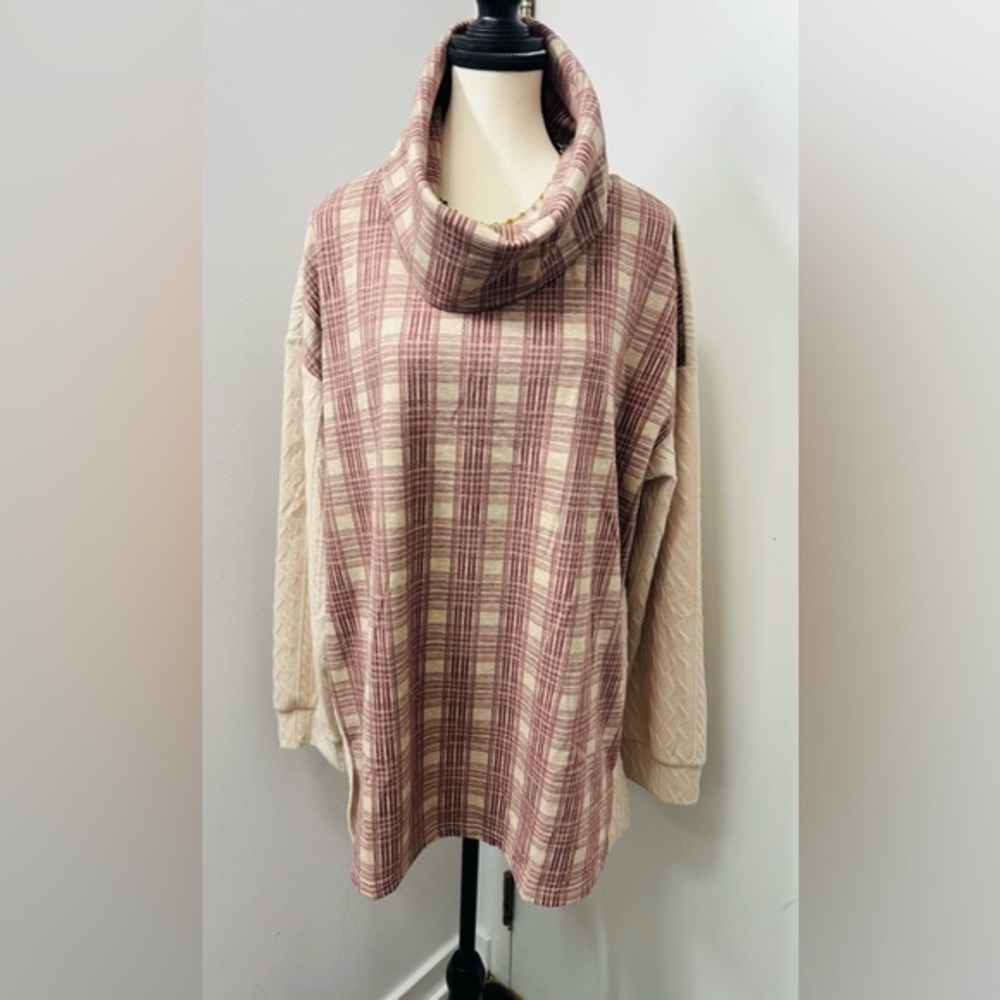 Timeson Plaid Beige & Red Women's Sweater Turtleneck Mock Cowl Neck Pullover XL